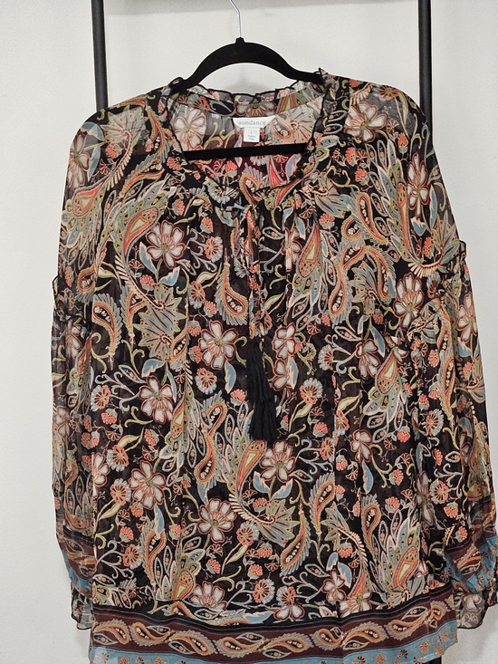 Sundance Tops - Sundance Black Floral Paisley Peasant Blouse with Tassel Tie
